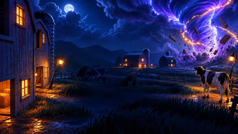 Purple lightning and a tornado light up a dark rural town.