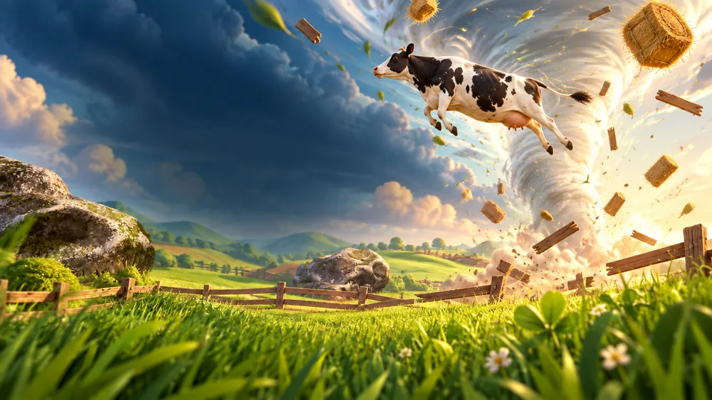 A black and white cow flies in front of a tornado above a green farm.
