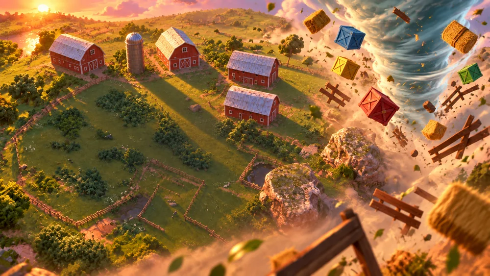 Tornado Rampage artwork showing farm buildings and construction supplies flying into a tornado.