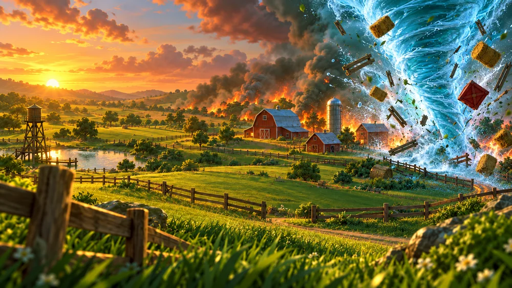 A storm sweeps through farmland threatened by smoke and fire.