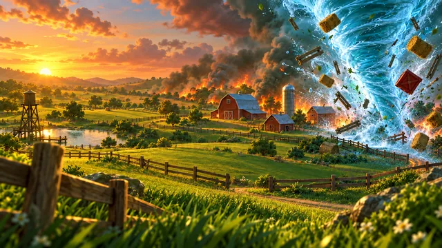 A tornado passes a farm with smoke and fire under an orange sunset.