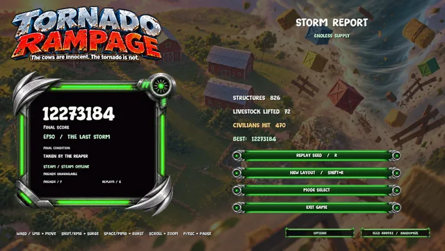 Tornado Rampage storm report interface and green results panels.